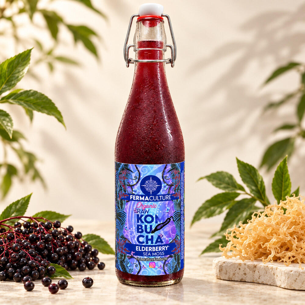 Elderberry Sea Moss FermaCulture Kombucha bottle